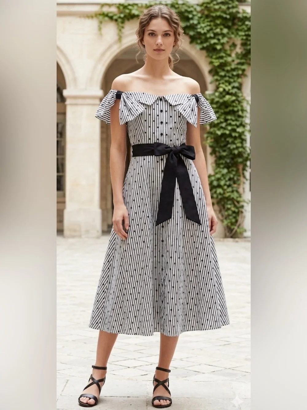 Anne Fontaine Polka Dot Striped Off-the-Shoulder Cotton Midi Dress Navy White 10